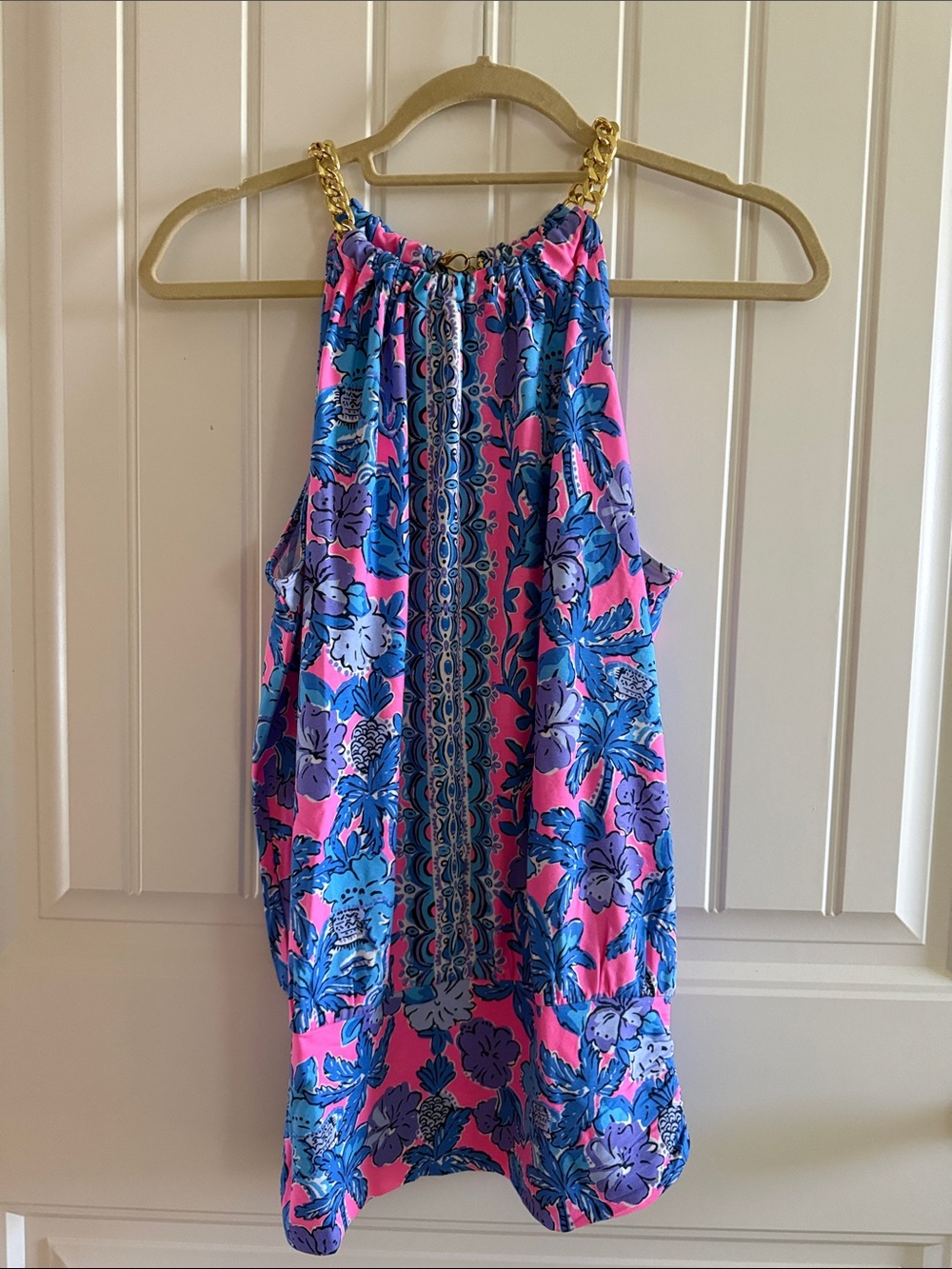 Lilly Pulitzer Pink & Blue Floral Halter Top with Gold Chain Detail